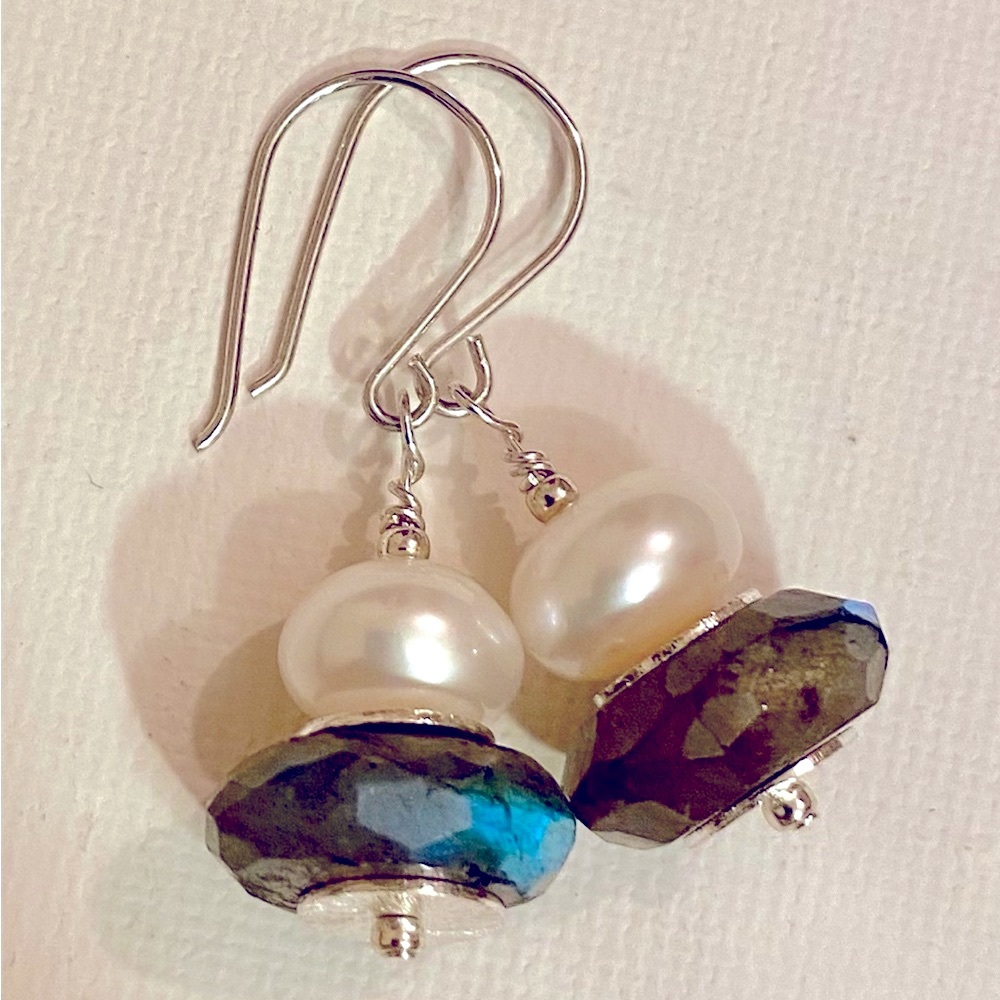 Labradorite, Pearl & Sterling Earrings Big Flashy Natural Gemstones w Large FWP